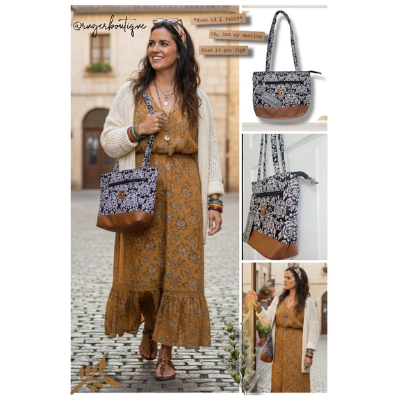 🌿Stone Mountain NY Quilted Floral Tote Bag NWT Black Tan Boho Chic Shoulder Bag - Picture 9 of 11